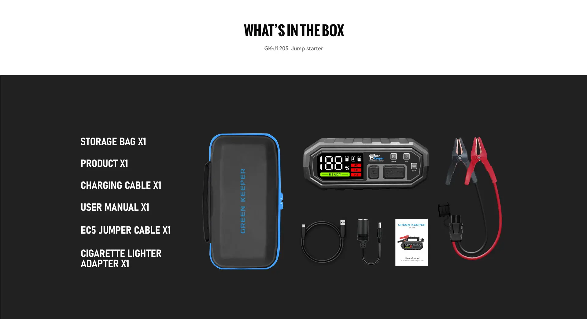 What's-In-The-Box-Green-Keeper-GK-1205-Jump-Starter-4000A-12V-24000mAh-10.0Gas-10.0Diesel-Car-Jump-Starter-Portable-Jump-Starter-Jump-Starter-Battery-Pack-Portable-Car-Jump-Starter-For-Car